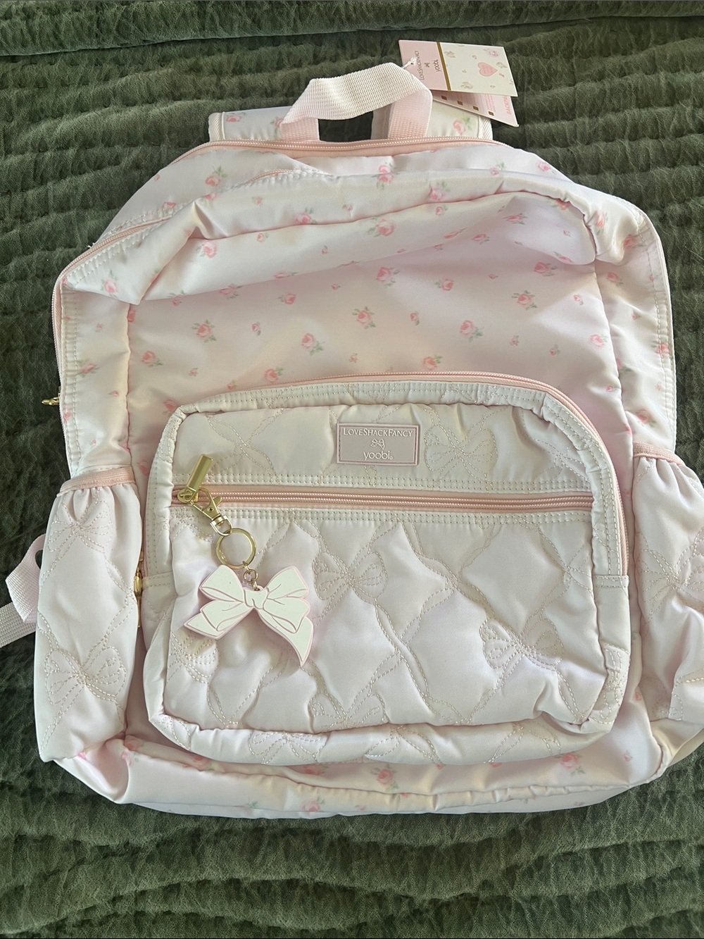 LoveShackFancy Quilted Pink Kids Backpack with Bow Charm